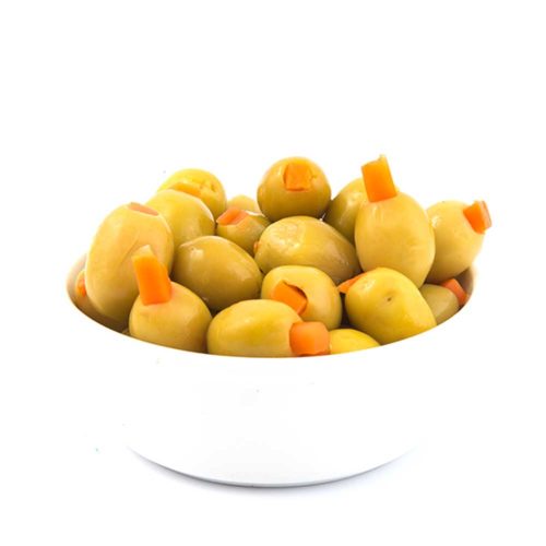 Spanish Olives Stuffed with Carrots 500g- grocery near me- online store near me- green olives stuffed with carrots- pickles- pimento- healthy food- appetizers- garnish