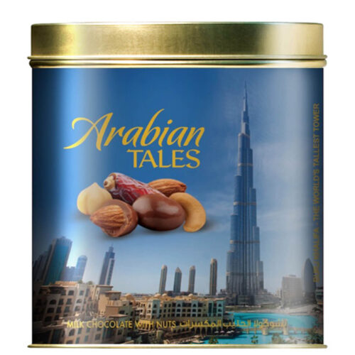 Arabian Tales Nuts and Dates Covered with Milk Chocolate in Ovan Tin  Burj Khalifa Design