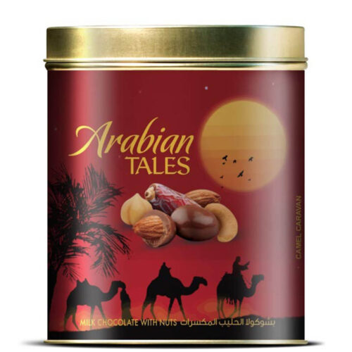 Arabian Tales Nuts and Dates Covered Milk Chocolate in Ovan Tin  Caravan Design